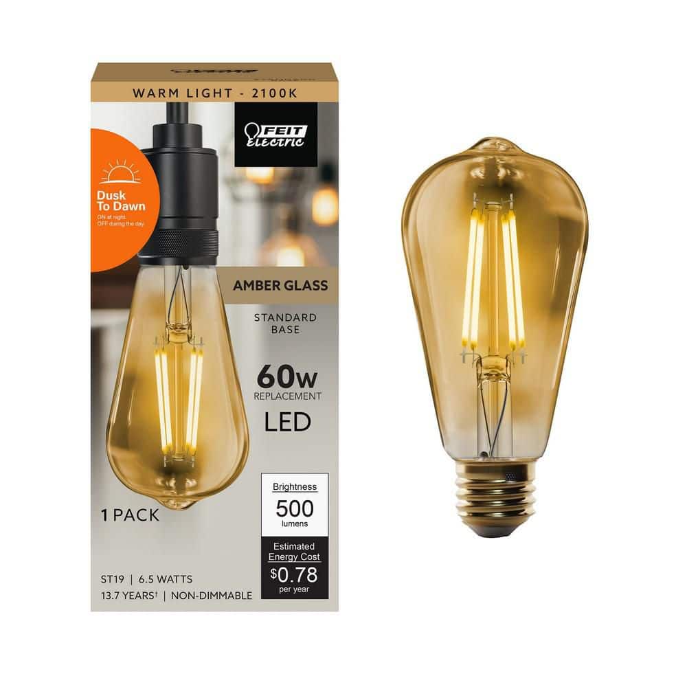 Feit Electric 60-Watt Equivalent ST19 Straight Filament Dusk to Dawn Amber Glass E26 Vintage Edison LED Light Bulb, Warm White (2)