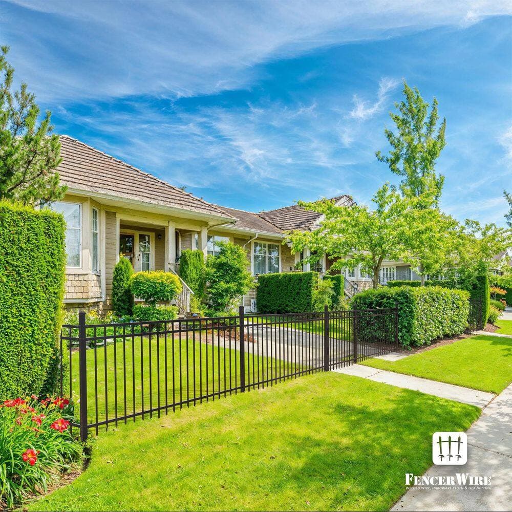 Fencer Wire 4 ft. x 8 ft. Black Steel Spaced Bar Flat Top Metal Fence Panel with Decorative Fence Gate(Set of 76 ft. ) (2)