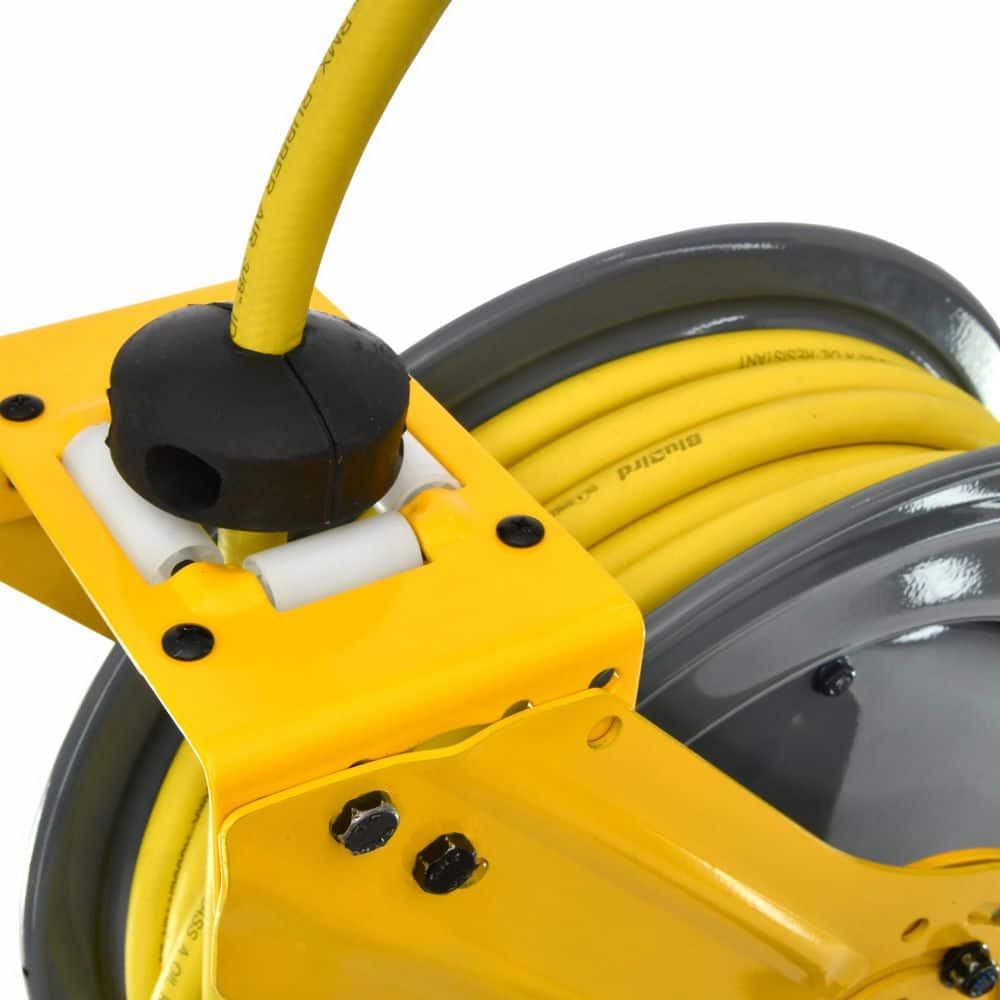 OILSHIELD 3/8 in. x 100 ft. Rubber Air Hose and Single Arm Steel Hose Reel with Swivel Mount Base, Coupler and  Socket Wrench (3)