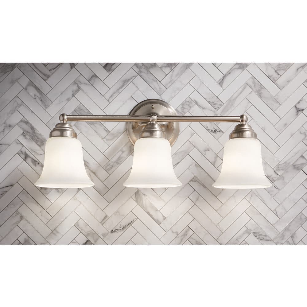Hampton Bay Ashhurst 3-Light Brushed Nickel Classic Traditional Bathroom Vanity Light with Frosted Glass Shades