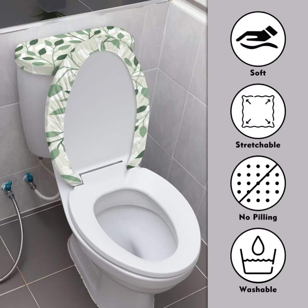 Unbranded Two-Piece Polyester Toilet Lid and Tank Dust Covers for Round/Elongated Lids, 21 x 15 in, Green Leaves (3)
