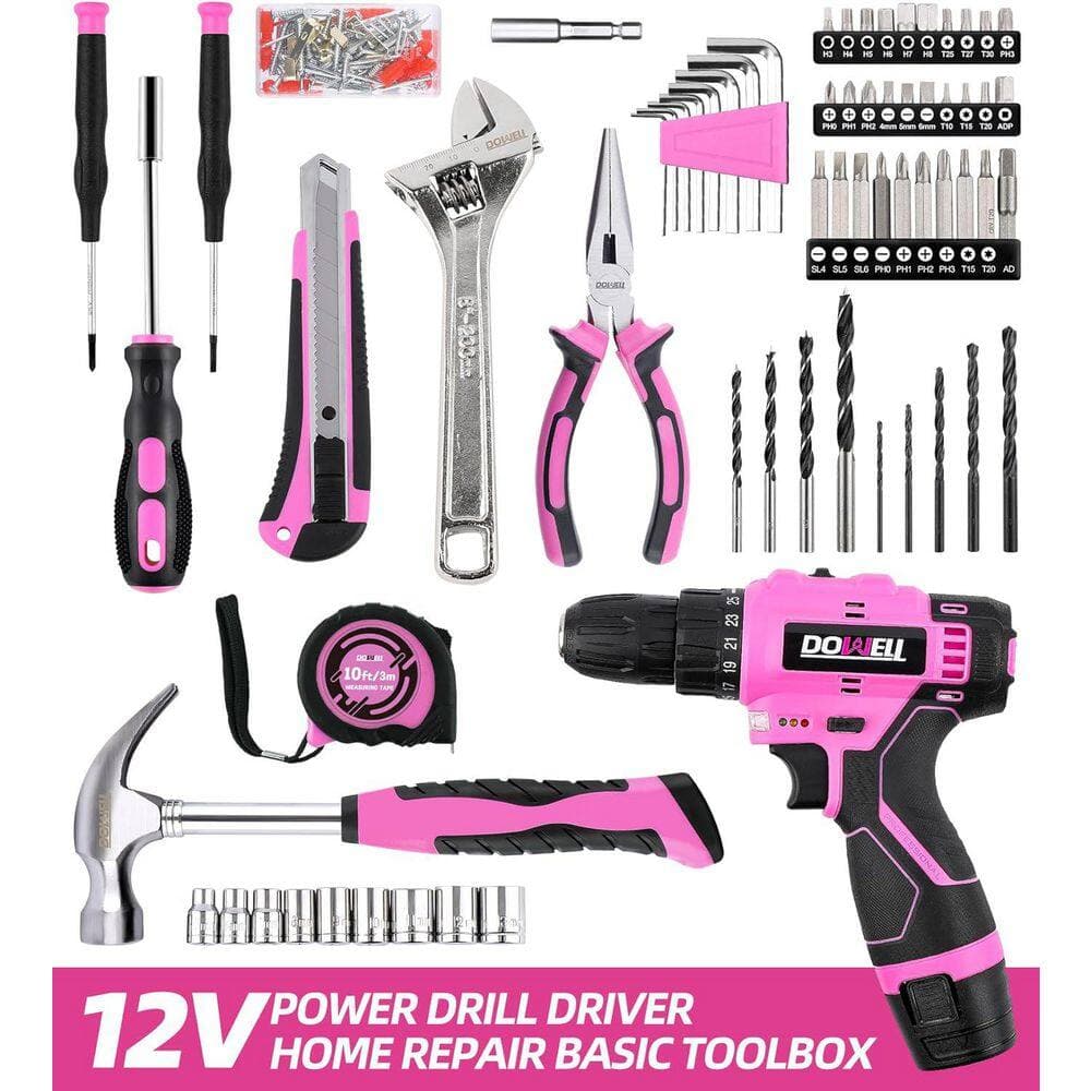 Afoxsos 147-Piece Pink 12-Volt Cordless Drill Tool Kit with Keyless Chuck Built-in LED Type-C Charge Cable for Home Use (3)
