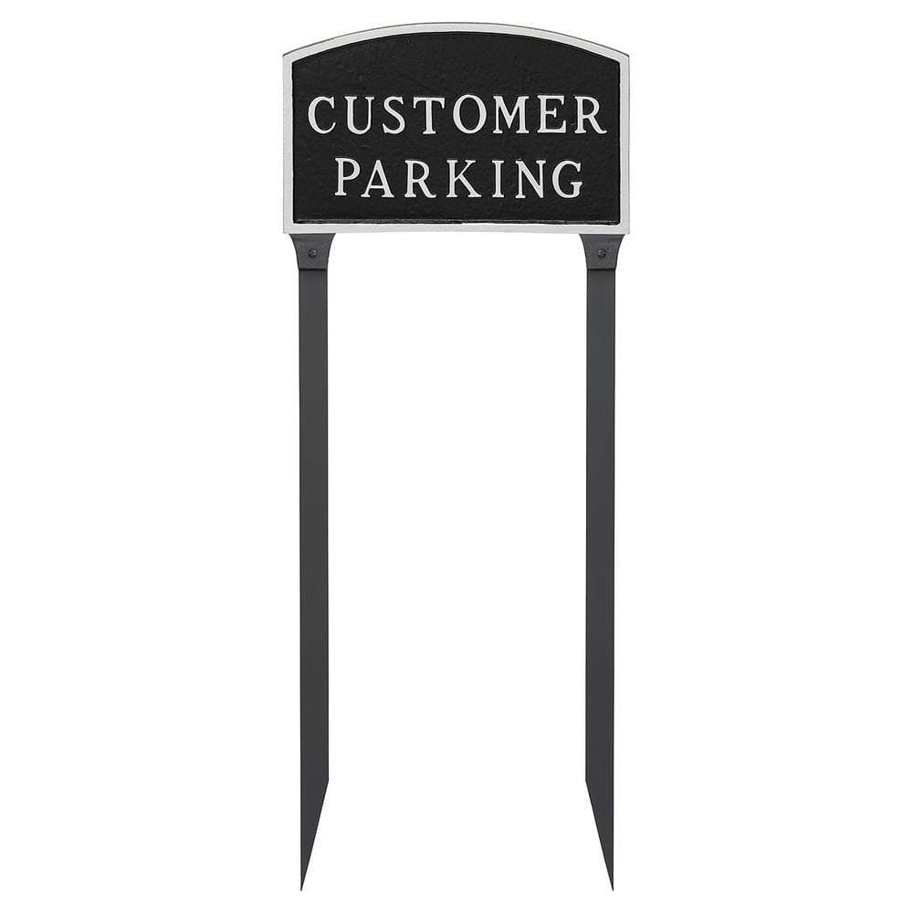 Montague Metal Products 13 in. x 21 in. Large Arch Customer Parking Statement Plaque Sign with 23 in. Lawn Stakes - Black/Silver (2)
