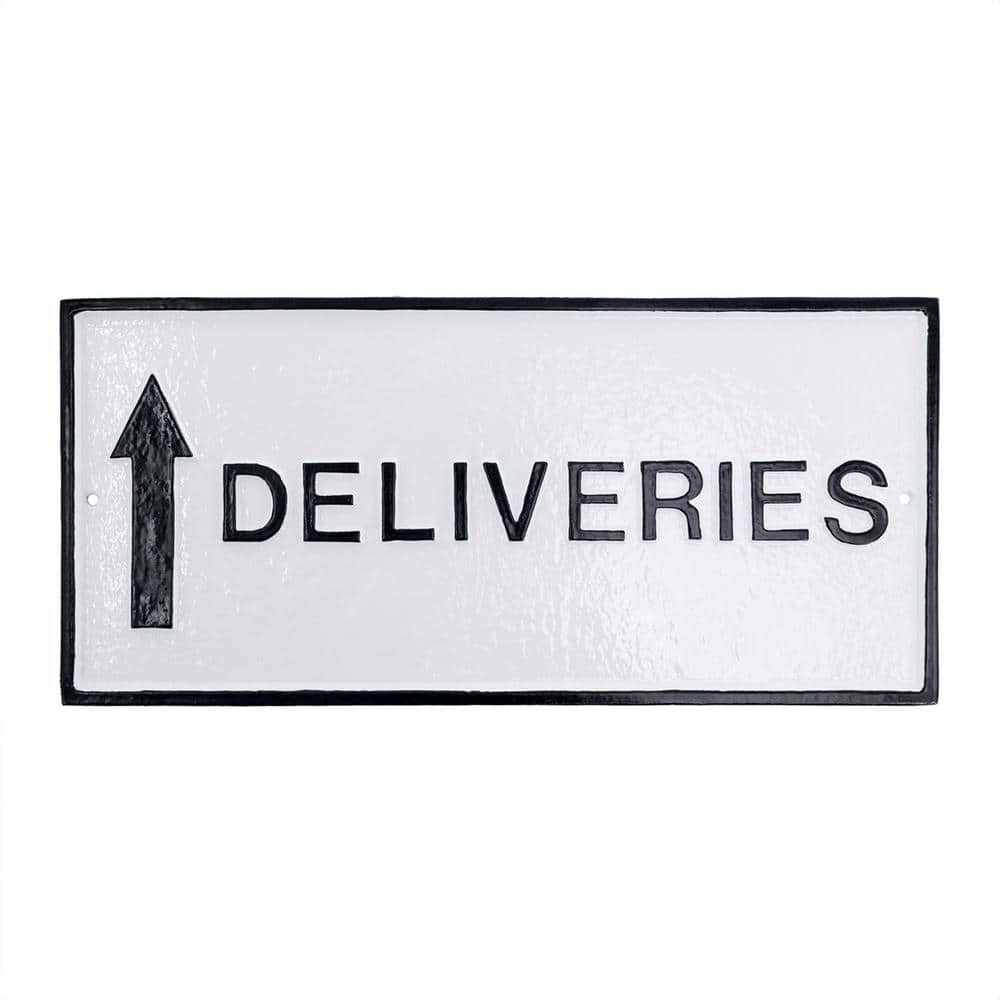 Montague Metal Products 7.25 in. x 15.25 in. Deliveries with Up Arrow Standard Rectangle Statement Plaque with Lawn Stakes - White/Black (1)