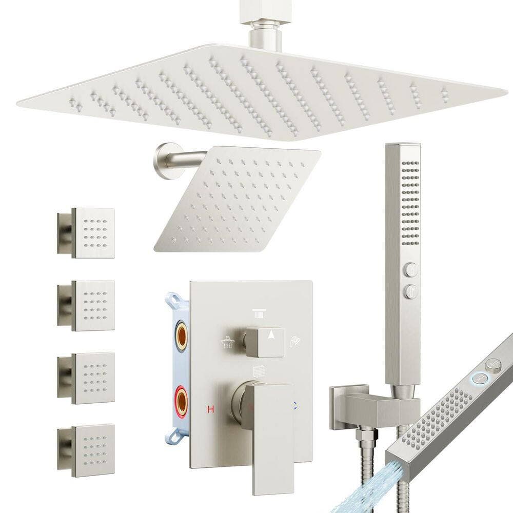 Helhom 4 Way 12 in. + 6 in. Shower Faucet Sets Complete with 2 in 1 Handheld, Ceiling Rainfall Dual Shower Head, Brushed Nickel (1)