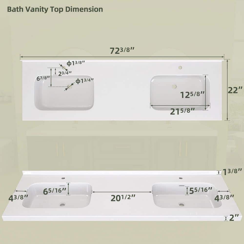 Getpro 72 in. W x 22 in. D Solid Surface White Rectangular Double Sinks Bath Vanity Top in White with 1.38 in. Backsplash Basin (2)