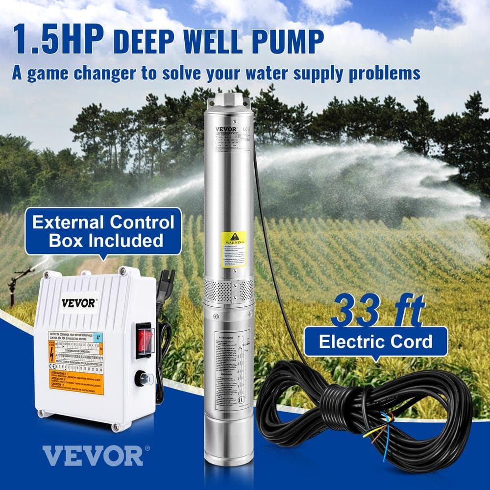 VEVOR Deep Well Submersible Pump 1.5HP 115V 37 GPM 276 ft. Head Water Pump with 33 ft. Cord & External Control Box for Home (2)