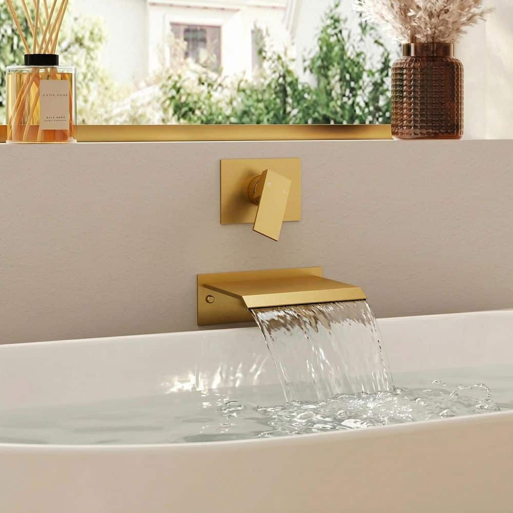 YAWWALK Wall Mount Waterfall Spout Roman Tub Faucet 8.4 GPM with Valve, Single Handle Bathtub Faucet in Brushed Gold (1)