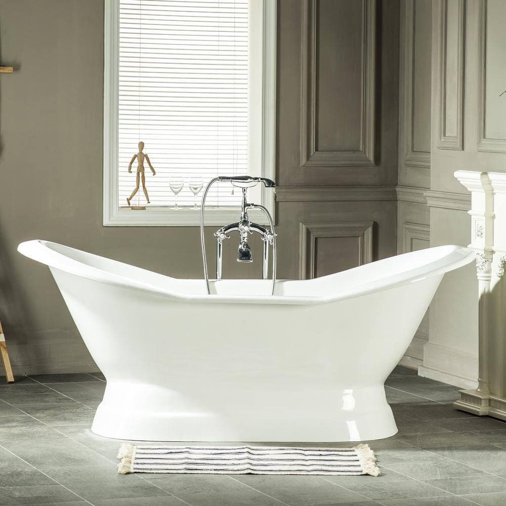 Kingston Brass Aqua Eden 72.1 in. x 30.9 in. Cast Iron Oval Double Slipper Soaking Pedestal Bathtub Center Drain in White (2)