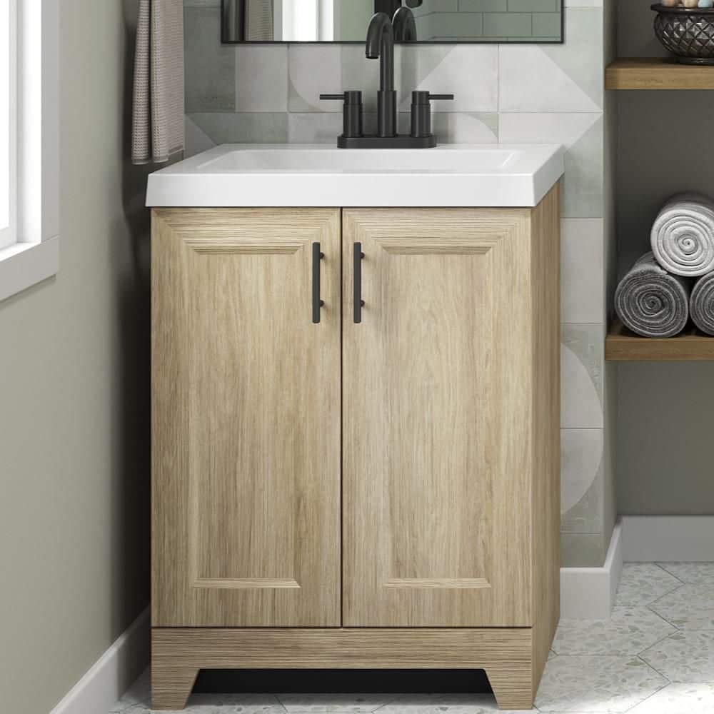 Glacier Bay Brindle 25 in. Single Sink Freestanding Sandstone Bathroom Vanity with White Cultured Marble Top (Assembled) (2)