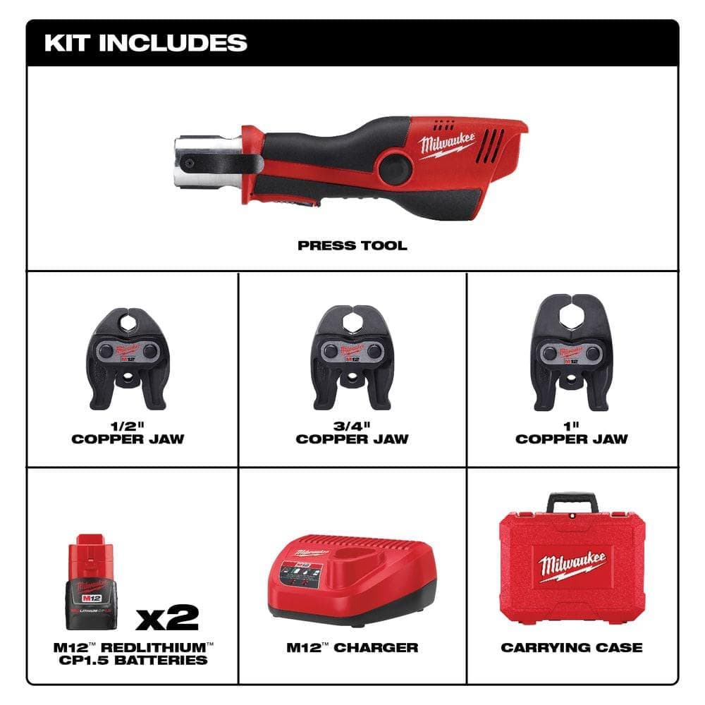 Milwaukee M12 12-Volt Lithium-Ion Force Logic 3/4 in. - 1 in. Copper Press Tool Kit with 3 Jaws Included and M12 BT Radio/Charger (3)
