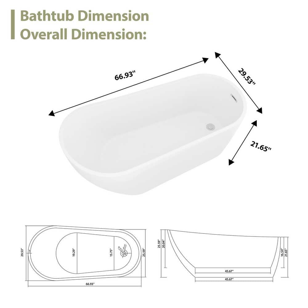 LuckByte 67 in. x 29.5 in. Soaking Acrylic Freestanding Bathtub with Chrome Overflow and Drain in White (3)