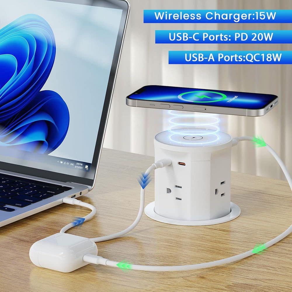 OBJLGEV 15W Wireless Charger Pop Up Power Outlet 4 AC 2 PD20W USB-C Ports Countertop Grommet for Kitchen Office Conference Table (2)