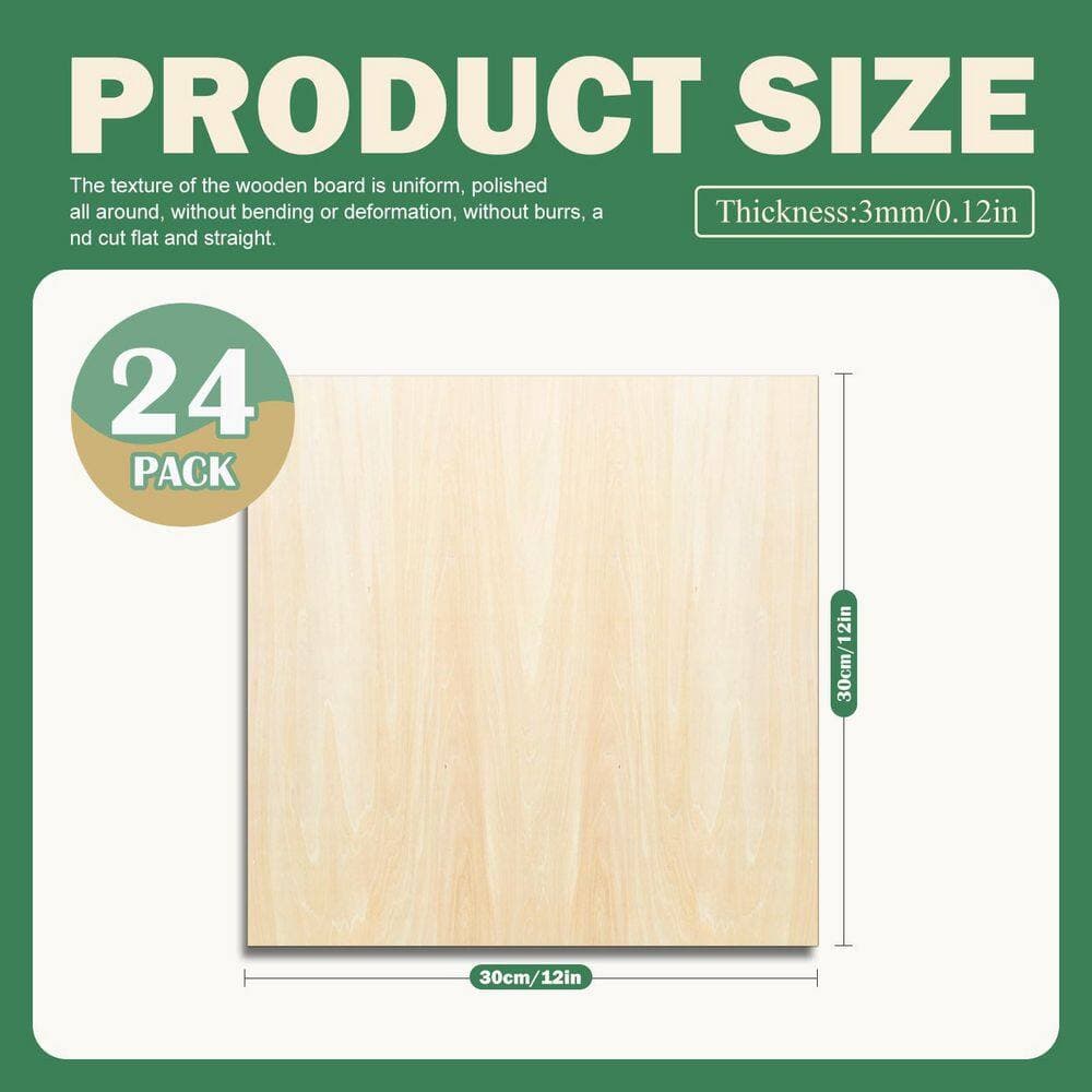 Afoxsos 1/8 in. x 12 in. x 12 in. Basswood Project Panel, 24-Pack, Smooth Surface for DIY Craft, Laser Cutting, Painting (2)