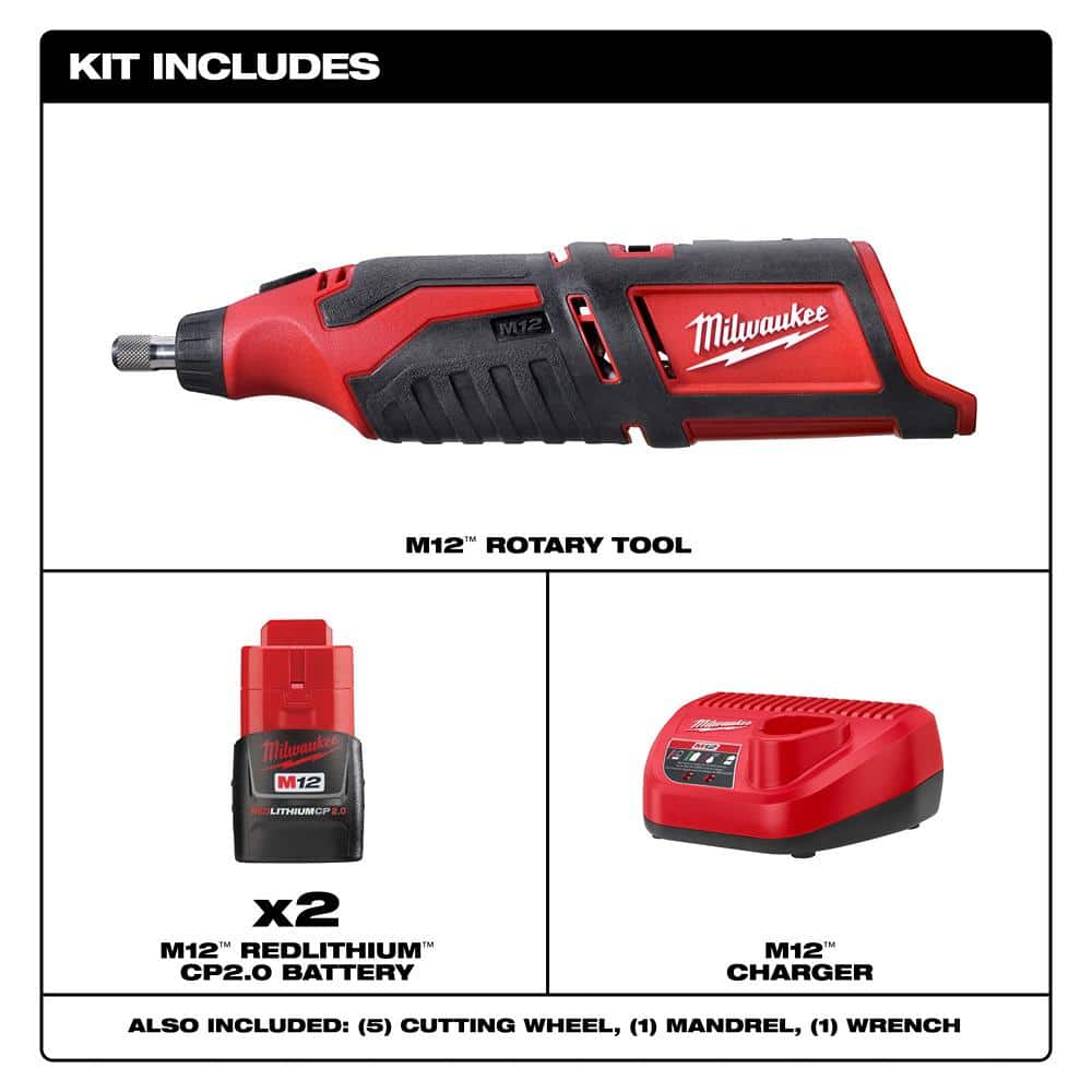 Milwaukee M12 12V Lithium-Ion Cordless Rotary Tool with M12 Compact 2.0 Ah Battery (2-Pack) Starter Kit and Charger (2)
