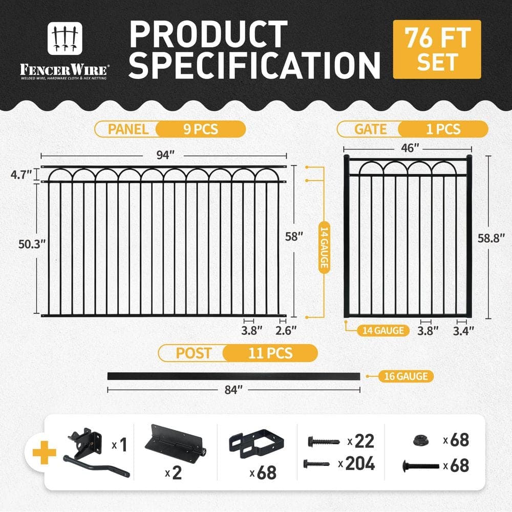 Fencer Wire 8 ft. x 5 ft. Black Steel Arc Flat Top Metal Fence Panel Kit with Arc Flat Top Fence Gate (Set of 76 ft. ) (3)
