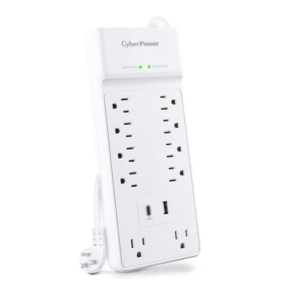 CyberPower 10-Outlet Surge Protector with USB-A and USB-C, 4 ft Cord, 2400Joules, White (3)