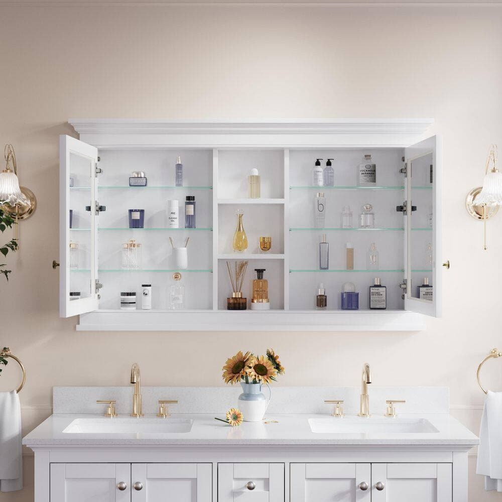 ANGELES HOME 55 in. W x 32 in. H Rectangular Real Wood Recessed Medicine Cabinet with Mirror, Soft-Close Door, Easy Hang, White (2)