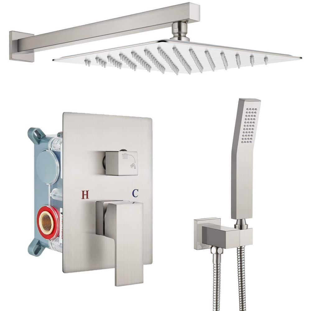 MTTCLE 1-Spray Shower Faucet 1. 8 GPM Square High Pressure Wall Bar Shower System with Valve and Hand in Brushed Nickel