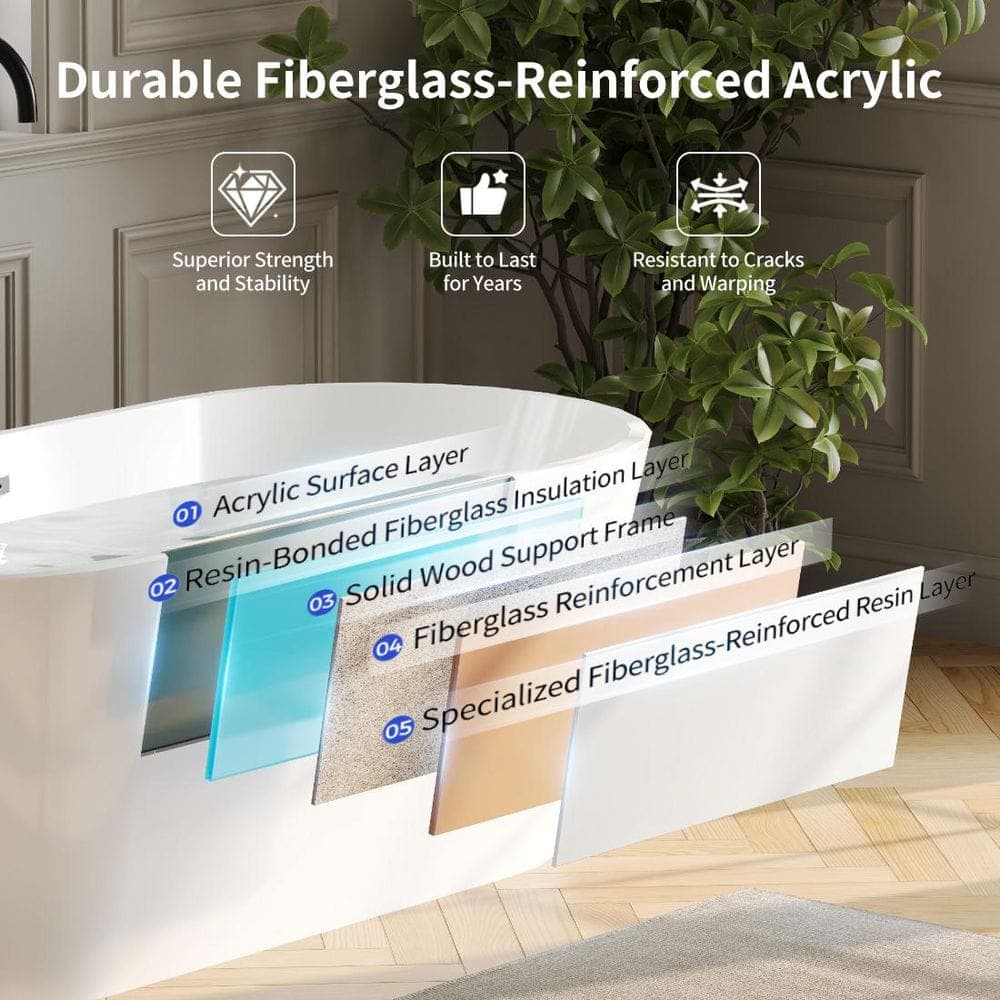 DEERVALLEY 59 in. x 27.5 in. Freestanding Alcove Soaking Acrylic Bathtub with Center Drain in White (3)