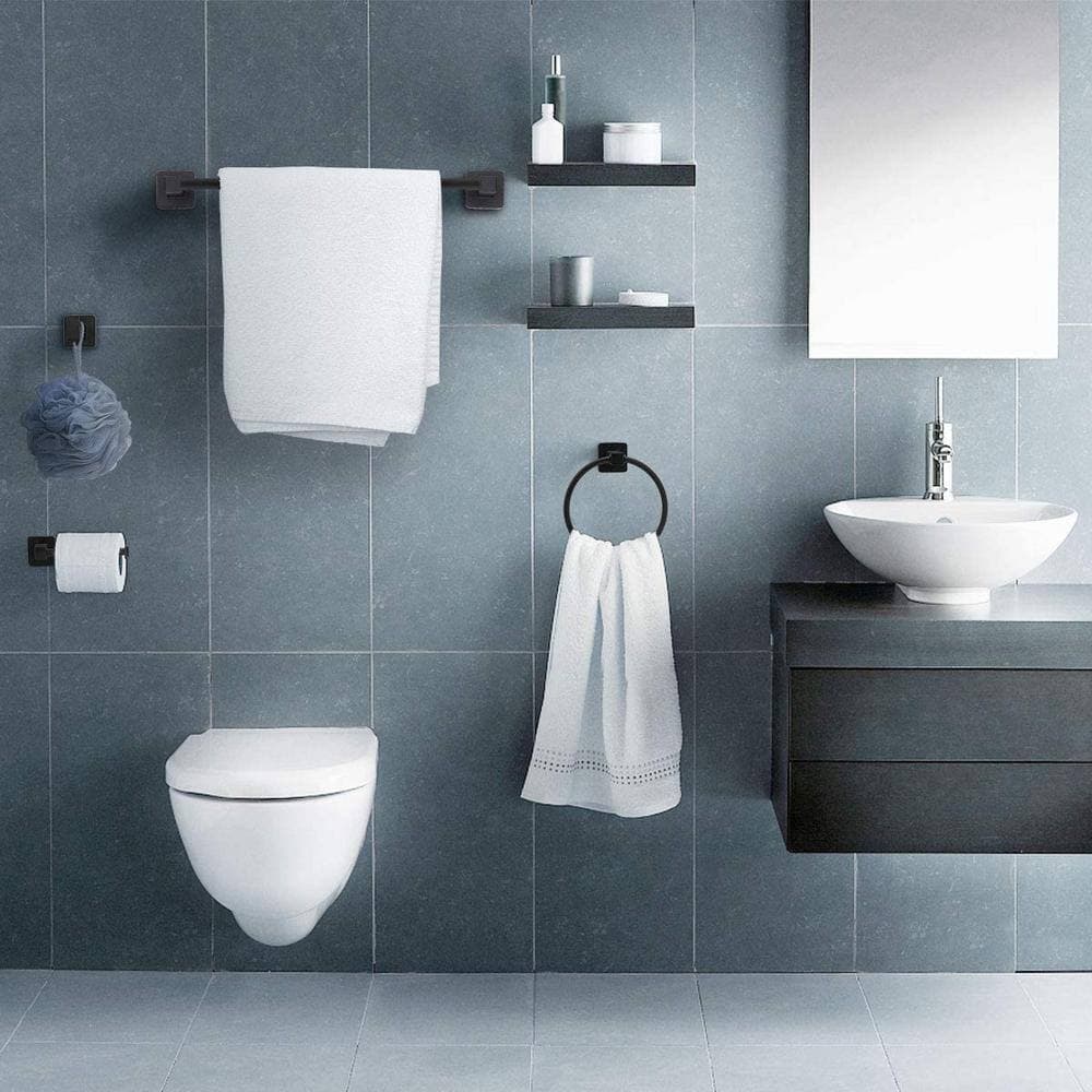 ACEHOOM Bath Hardware Set with 17 in. Towel Bar, Towel Ring, Toilet Paper Holder and Towel Hook in Matte Black (2)