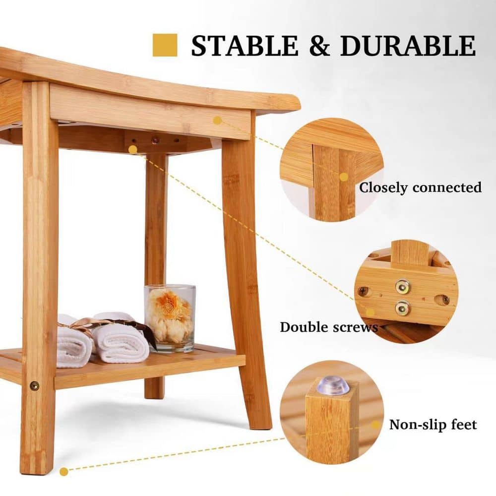 Numhew Freestanding Bamboo Shower Bench in Brown with Storage Shelf, Bath Shower Stool, Bathroom Bench Seat for Adults Seniors (3)