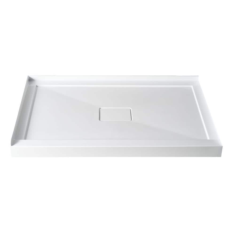 NTQ 48 in. x 36 in. Double Threshold Acrylic Shower Pan Corner Shower Pan Base with Center Drain and Magnetic Cover in White (1)