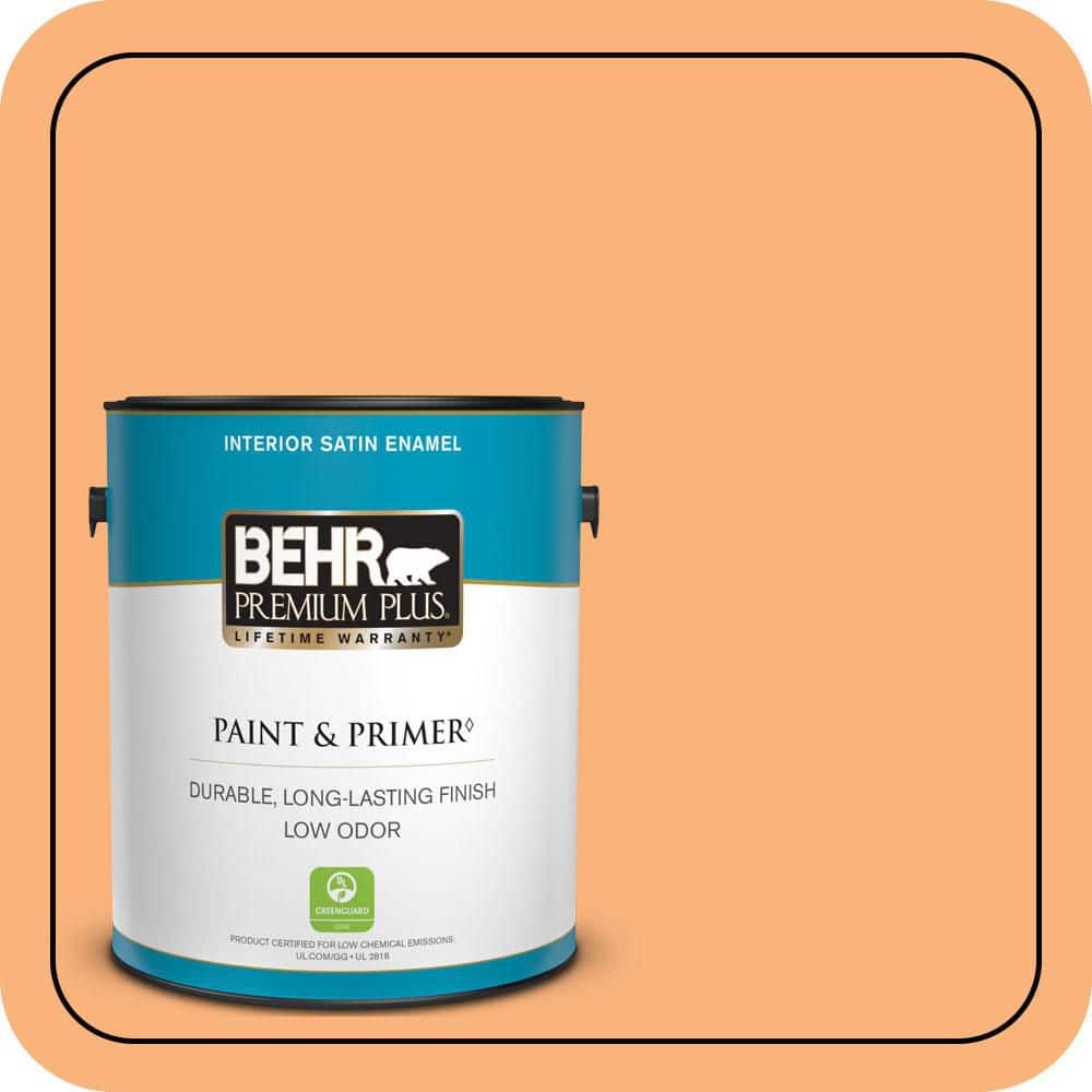 BEHR PREMIUM PLUS 1 gal. #P220-5 Fuzzy Peach Satin Enamel Low Odor Interior Paint & Primer