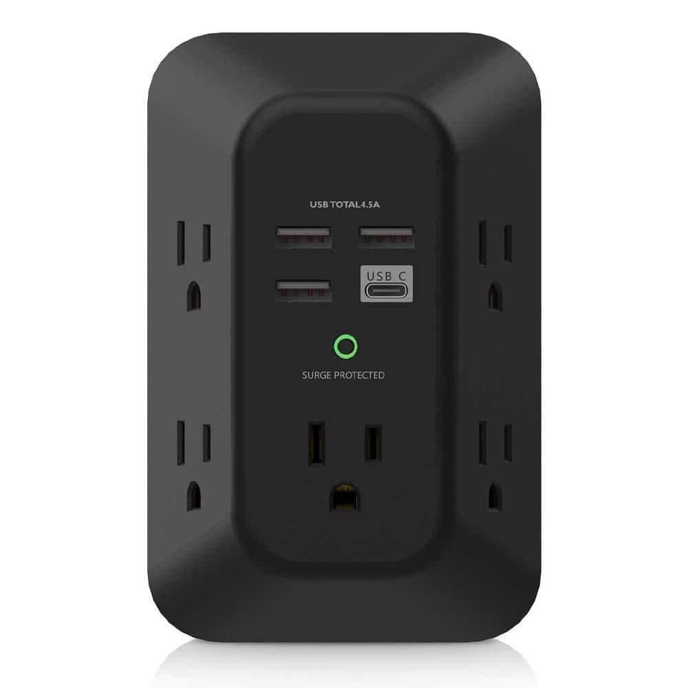 Yichuhaoxi 5-Outlet Extender Wall Charger with 4-Ports USB A, 1-Port USB C, Surge Protector, 3-Sided, 1800J, Black (1)
