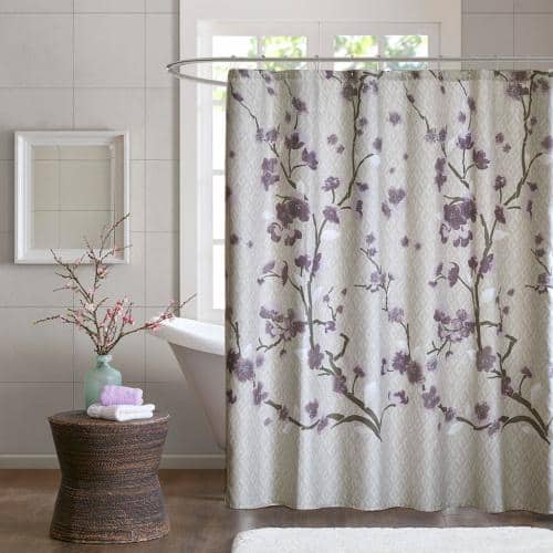 Afoxsos 72 in. W x 72 in. L Cotton Shower Curtain with Cherry Blossom Print, Soft Grey and Modern Floral Design in Purple (3)