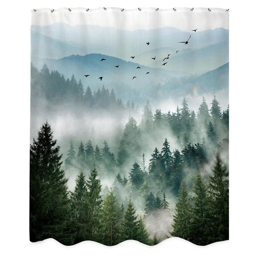 JFVKAF Mountain Scenery Shower Curtain 60x72 Nature Tree Waterproof Fabric Alpine Rustic with 12 Hooks Polyester in Green (1)