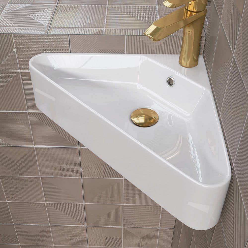 Getpro 22.5 in Ceramic Corner Sink Wall-Mounted Triangular Bathroom Sink with Single Faucet Hole in White Floating Vessel Sink (1)