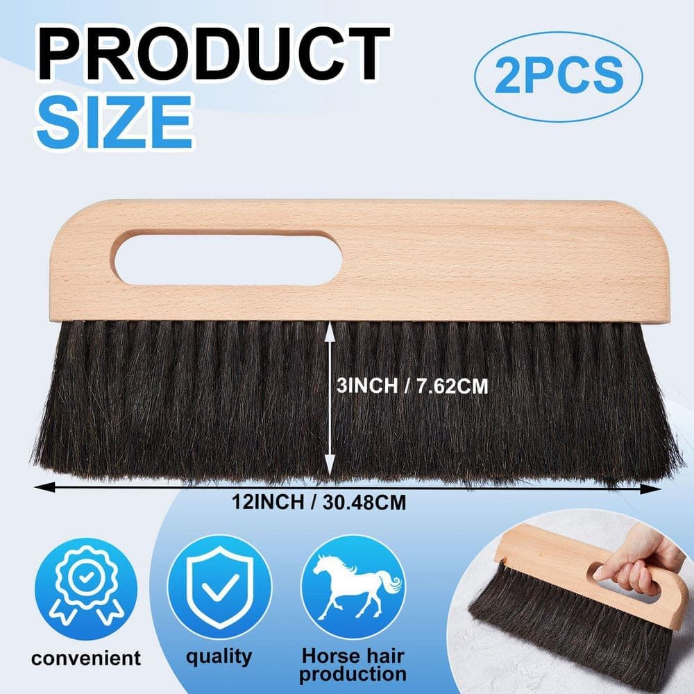 Laybus 2-Piece 12 in. x 5 in. Concrete Brush Horsehair Bristles Masonry Brush Wood Backed Concrete Broom Black Horsehair Fibers (2)