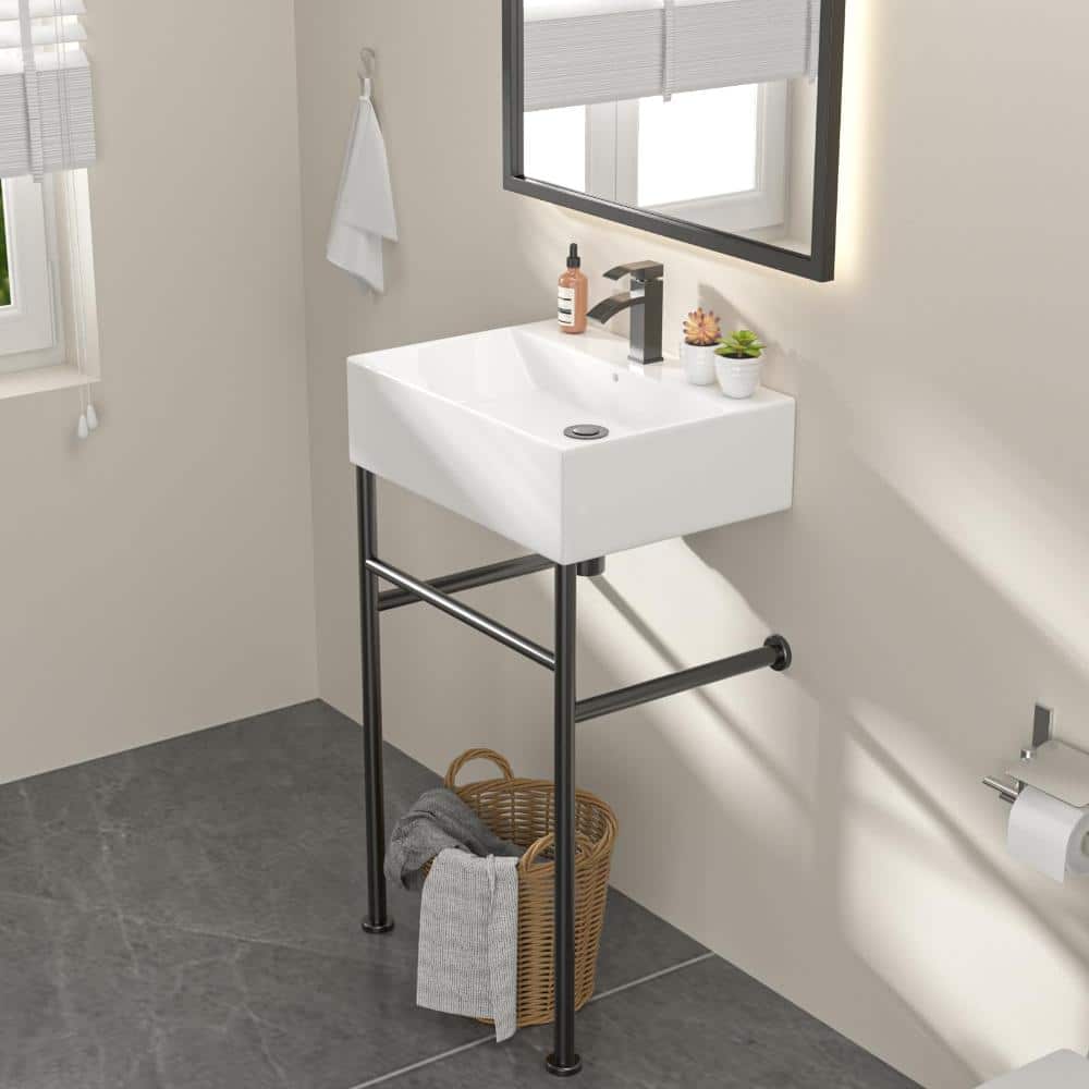 Dcolora 24" x 16" White Freestanding Console Bathroom Sink, Wall-Mounted, Ceramic Basin with Black Support Legs With Overflow
