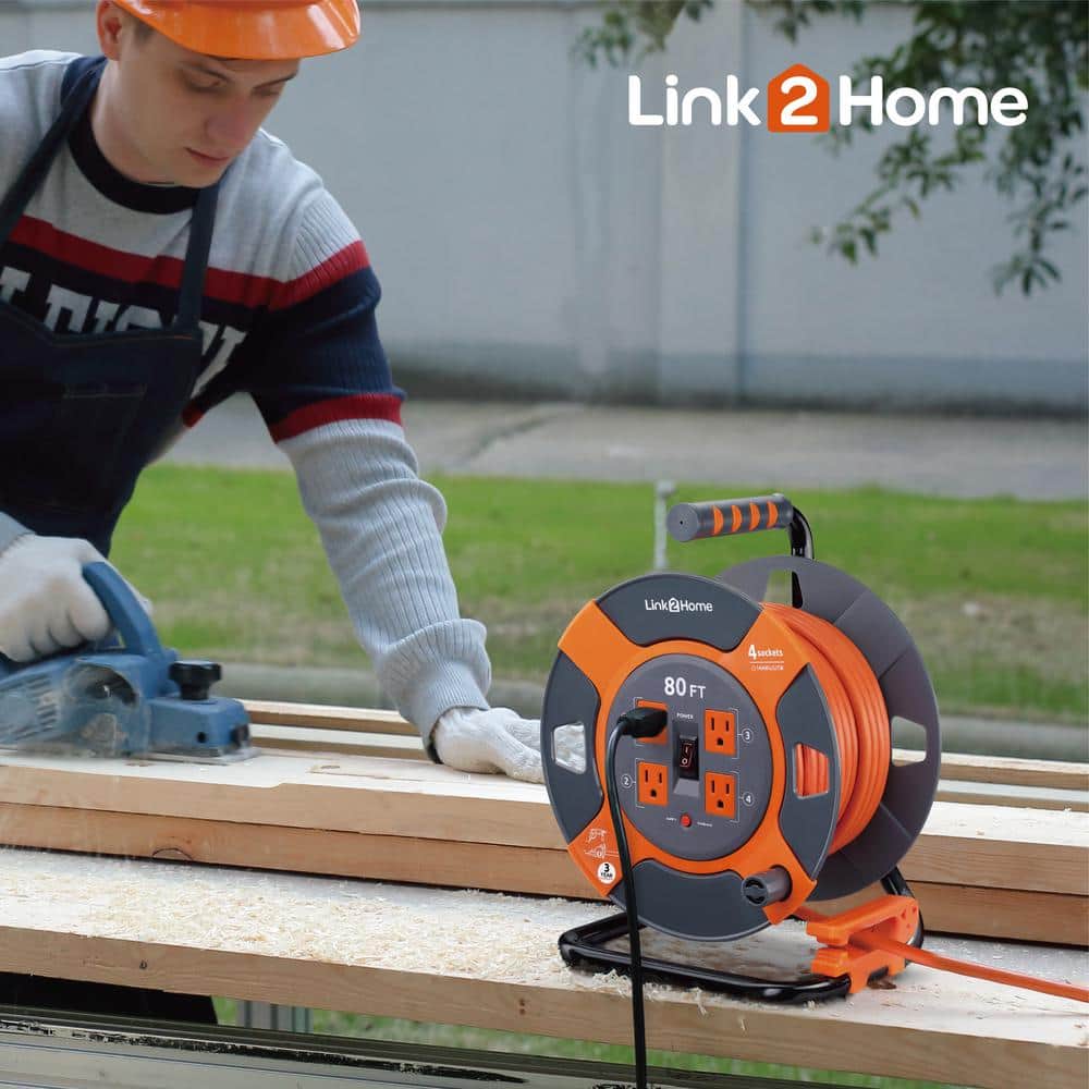Link2Home 80 ft. 14/3 Extension Cord Storage Reel with 4 Grounded Outlets and Overload Protection (3)