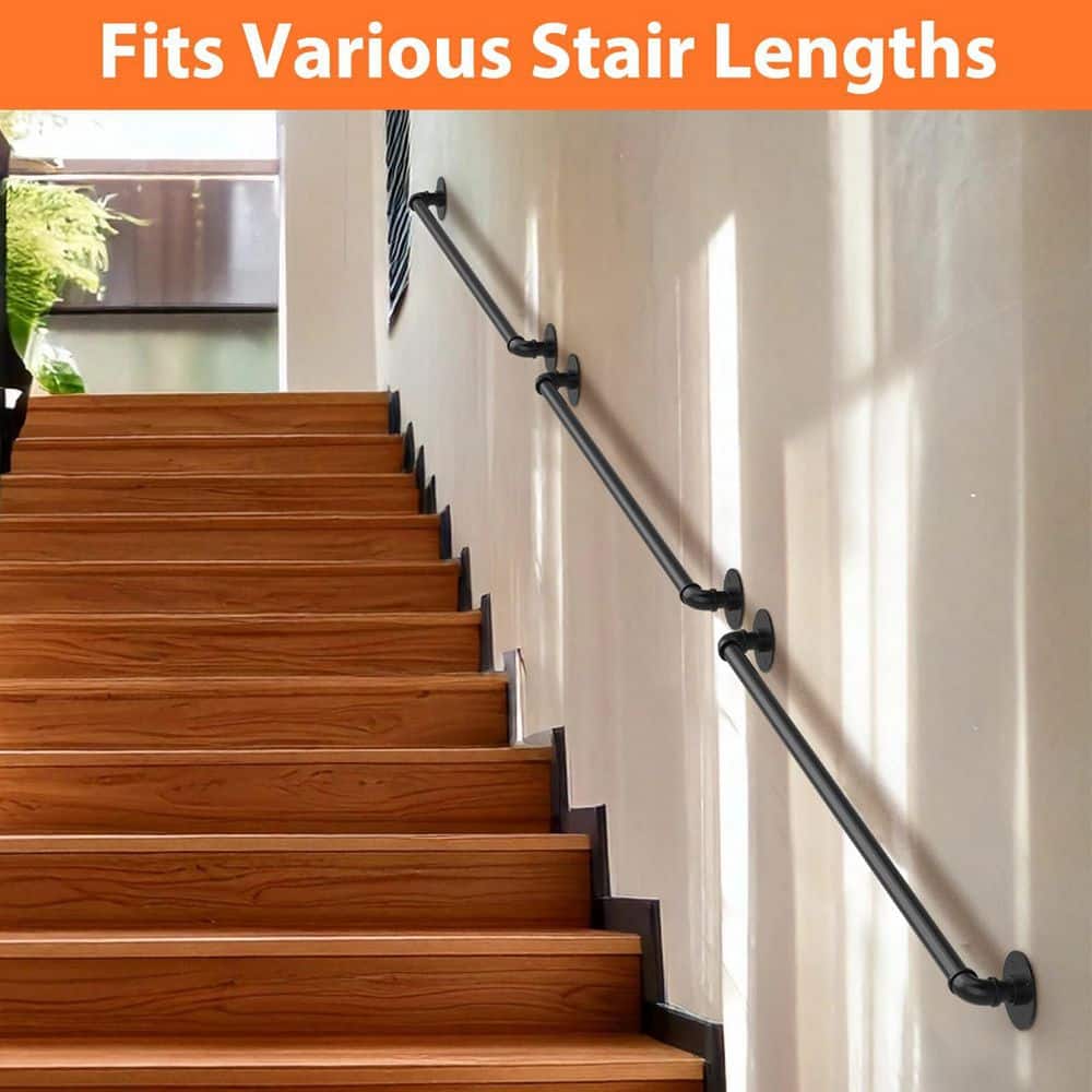 Unbranded 4 ft. Black Metal Iron Handrail Industrial Style Wall Mount Staircase Porch Indoor Outdoor Step Support (3)