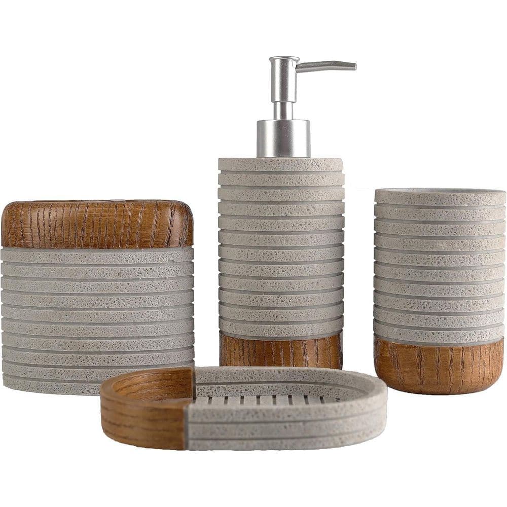 Wudkey 4-Piece Bathroom Accessory Set with Toothbrush Cup, Soap Dispenser, Soap Dish and Tumbler in Stripe Gray (1)
