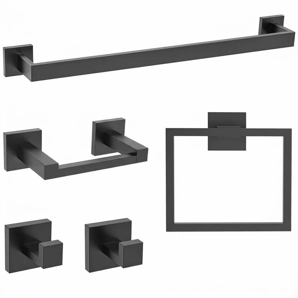 LAIFUCAM 5-Piece Bathroom Hardware Set with Towel Bar, Towel Ring, Toilet Paper Holder, 2 Hooks in Matte Black (1)