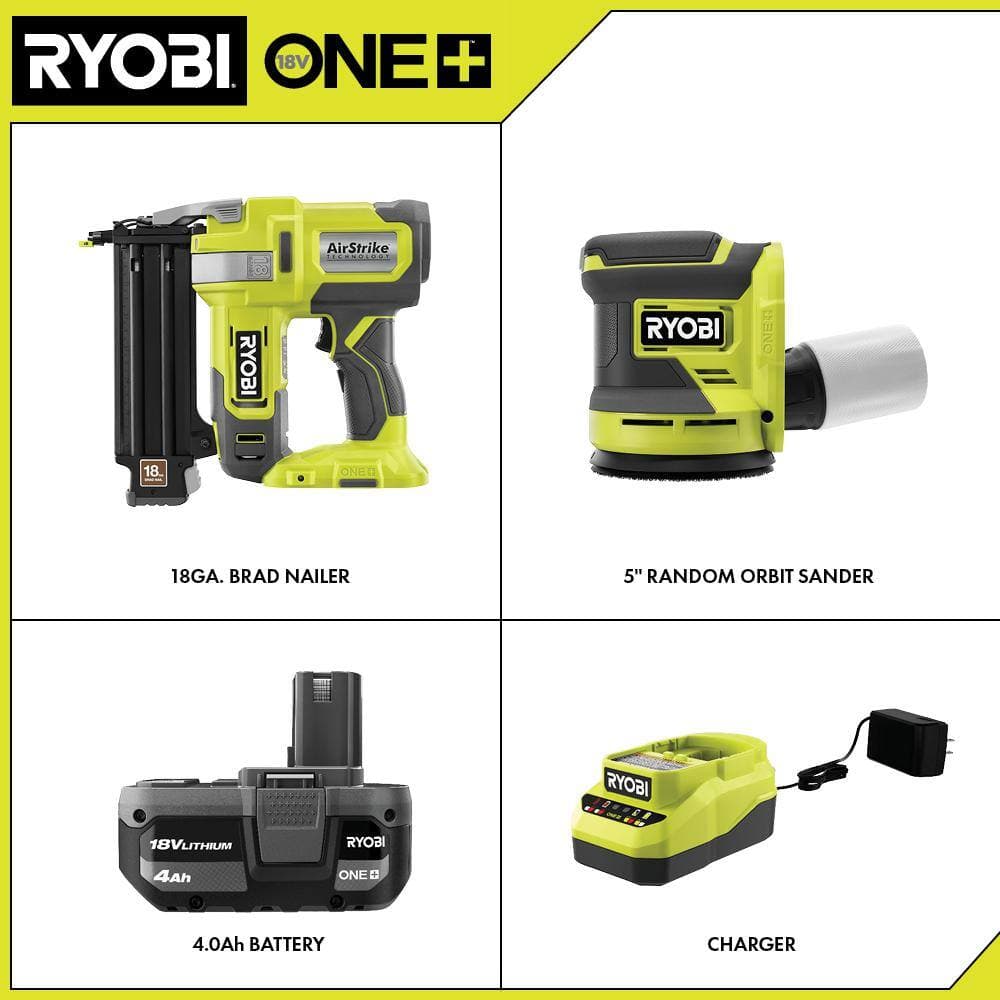 RYOBI ONE+ 18V 18-Gauge Cordless AirStrike Brad Nailer with Cordless 5 in. Random Orbit Sander, 4.0 Ah Battery, Charger (2)