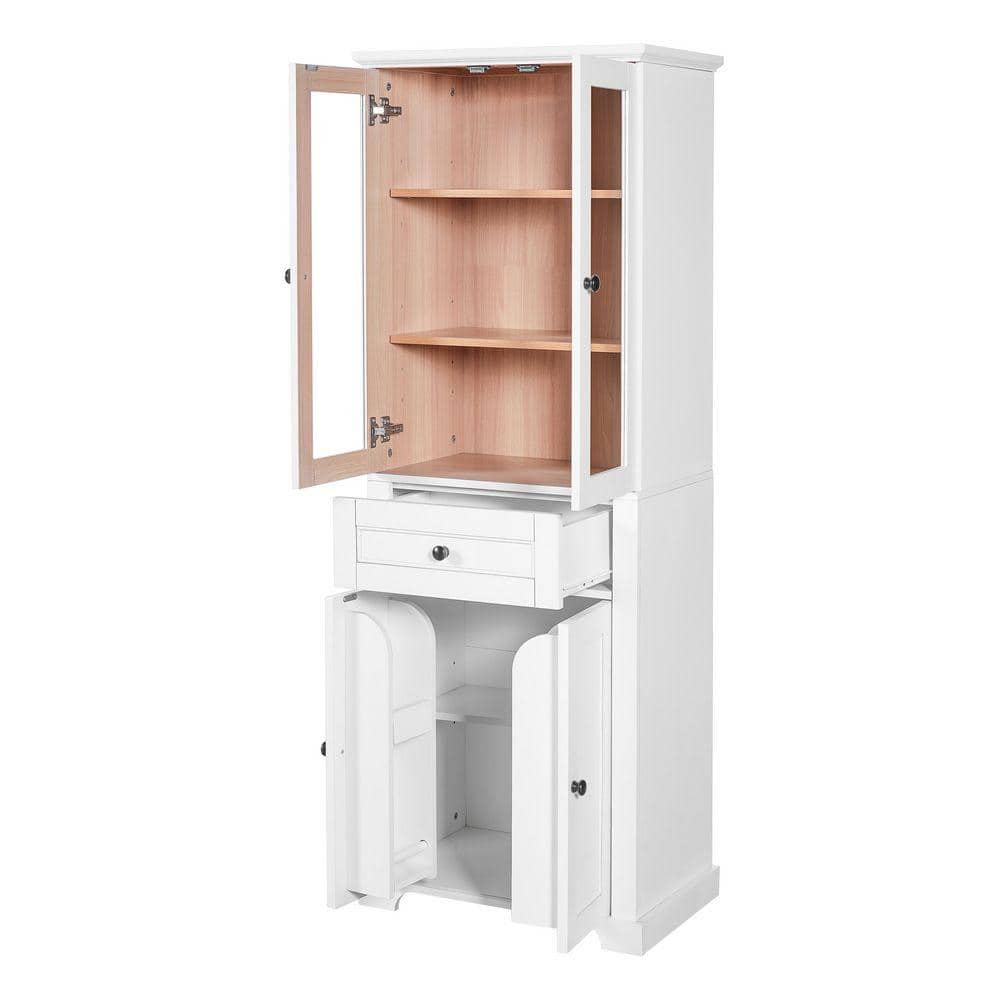 Unbranded 23.96 in. W x 15.67 in. D x 67.57 in. H White Linen Cabinet with Tempered Glass Doors, Adjustable Shelves & Drawer