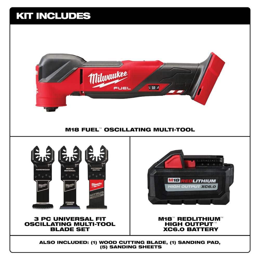 Milwaukee M18 Fuel Multi Tool, M18 High Output 18V XC6. 0 Battery, 3 pc Oscillating Metal/Wood Cutting Multi-Tool Blade Kit (2)