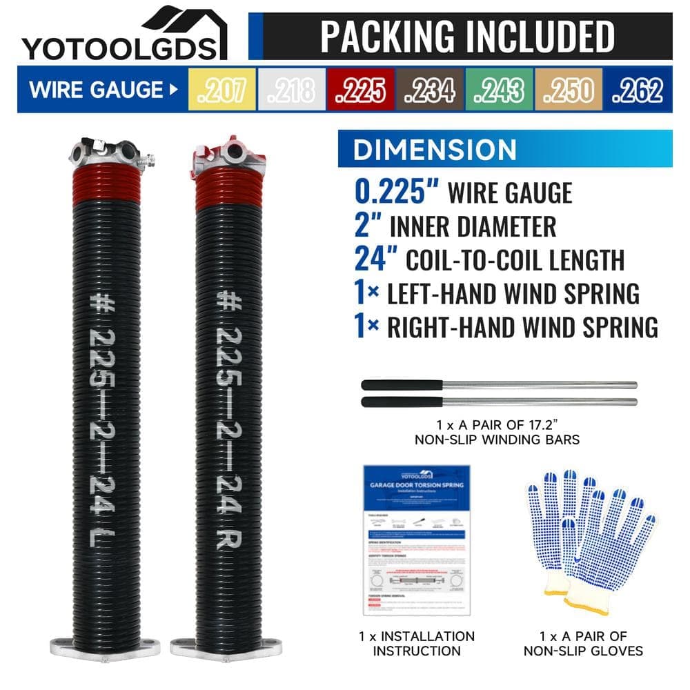 YOTOOLGDS 0.225 in. Wire x 2 in. x 24 in. L Electrophoresis Garage Door Torsion Springs in Red Left and Right with Winding Bars (2)