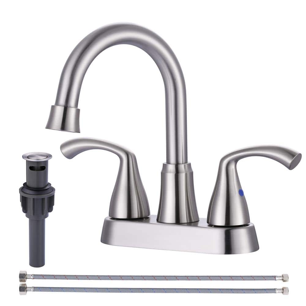 IVIGA 4 in. Centerset Double Handle High Arc 360° Swivel Bathroom Faucet with Pop Up Drain and Supply Lines in Brushed Nickel (1)