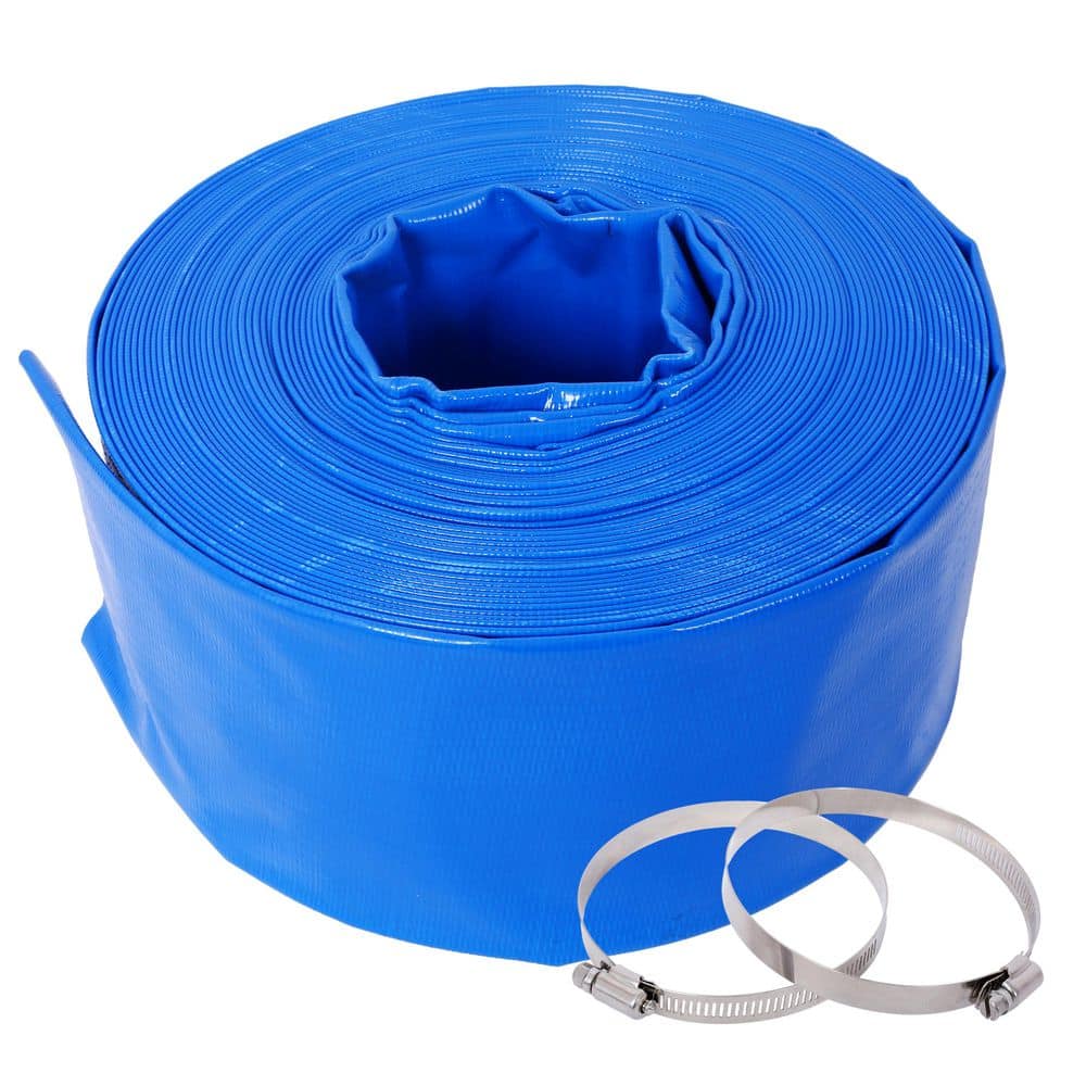 cadeninc Backwash Hose 4 in. x 100 ft. Heavy Duty Blue PVC Lay Flat Water Discharge Pump Hose with 2 Clamp for Pool Filter Pump