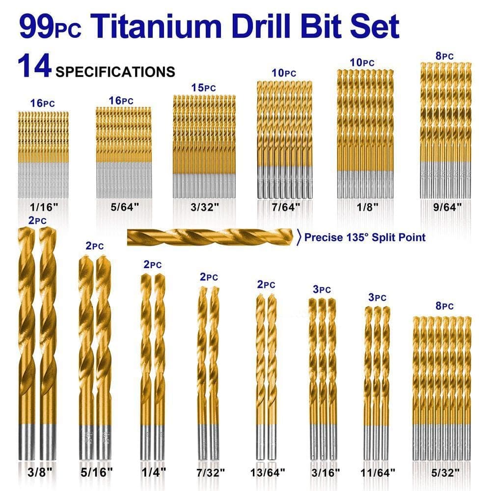 Angel Sar 99-Pieces Titanium Twist Drill Bit Set, 135° Tip High Speed Steel Drilling in Wood Cast Iron Aluminum Alloy Plastic (2)