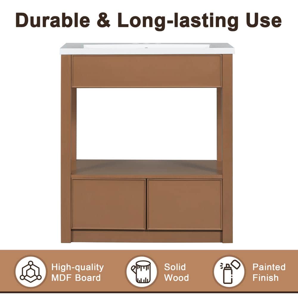 Unbranded 30 in. Wood Brown Console Sink Freestanding Bathroom Vanity Basin Combo with Integrated Ceramic Sink and 2-Drawers (3)