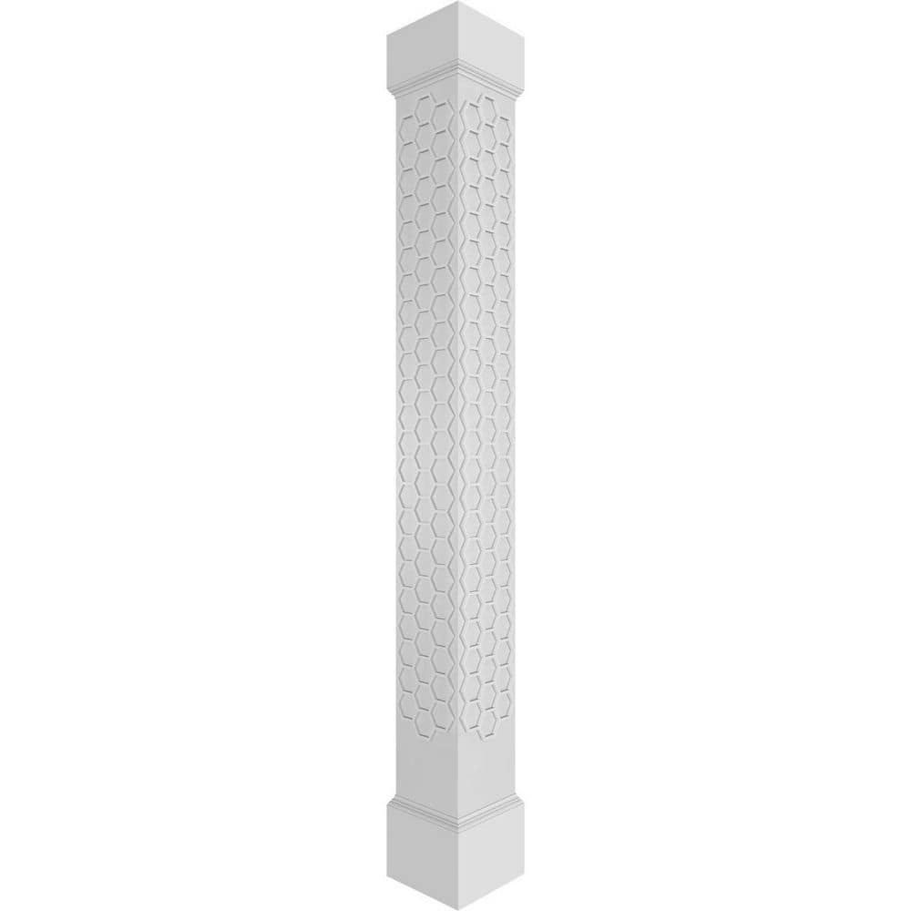 Ekena Millwork 7-5/8 in. x 8 ft. Premium Square Non-Tapered Westmore Fretwork PVC Column Wrap Kit with Mission Capital and Base (1)