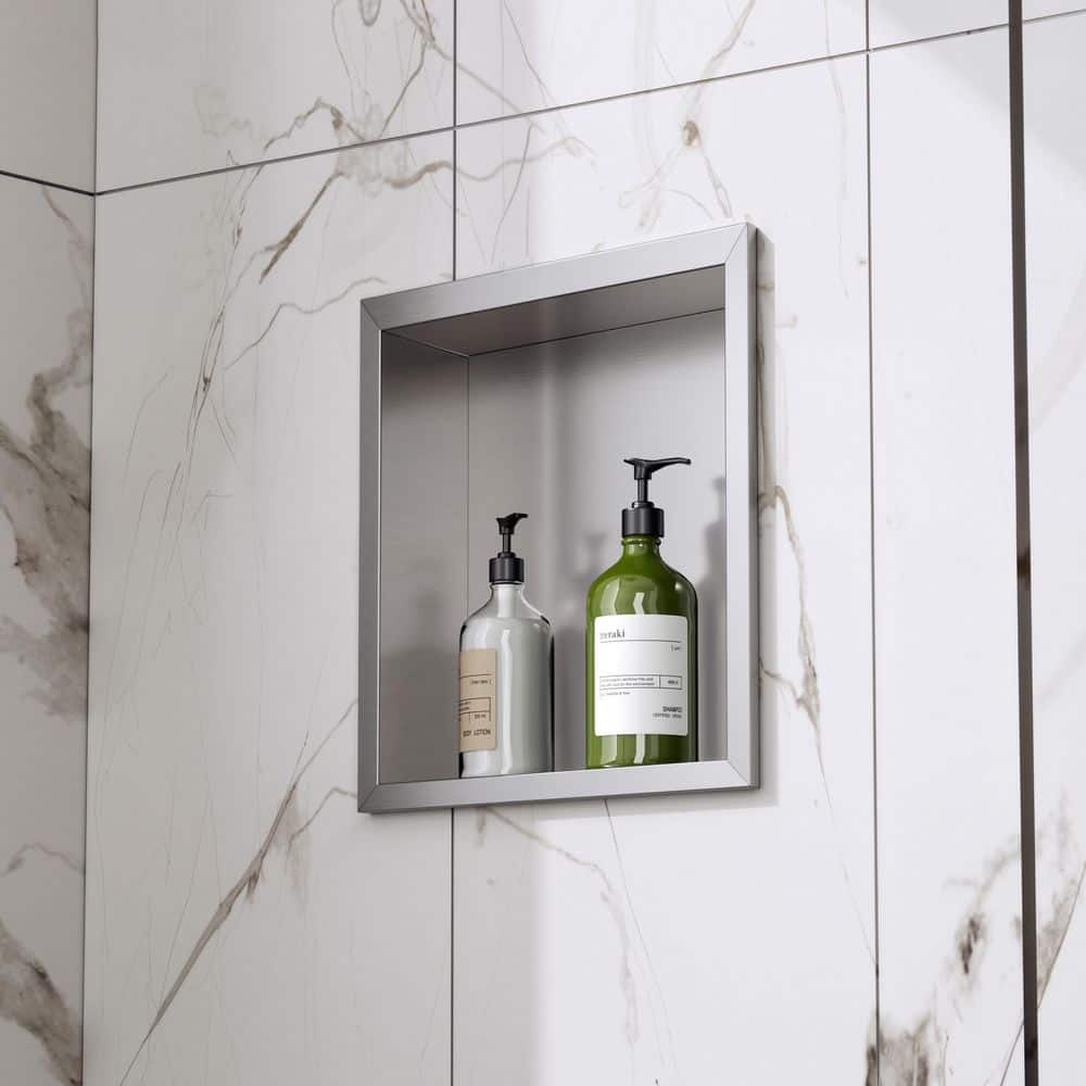 Peorsily 14 in. W x 12 in. H x 4 in. D Waterproof Recessed Shower Niche Storage Shelf in Brushed Nickel, No Tile Needed (1)