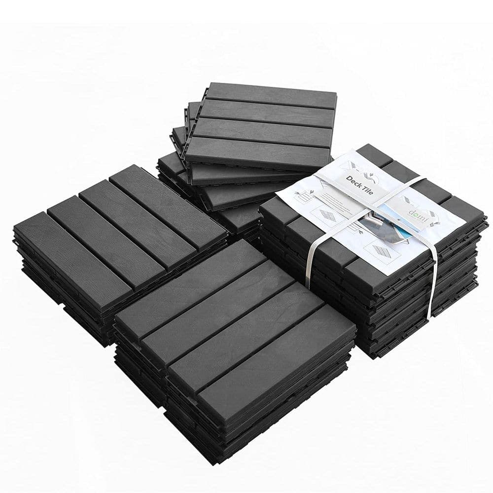 Unbranded 12 in. x 12 in. Square Composite Decking Tiles, 4-Slat Plastic Outdoor Flooring Tile All Weather (Dark Gray, Pack of 9)