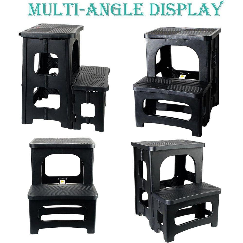 KIWDZFU 2-Step Reach Portable Stool Ladder Non-Slip Folding Design for Kitchen Bathroom Closet Office Black 300 lbs. Capacity (2)